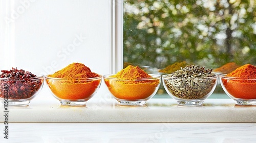   Bowls with various spices arranged on window sill, viewable from window