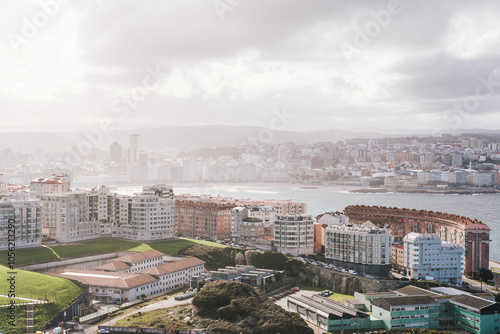 Aerial view of A Coruna cityscape from the tower of hercules with coastline and beach