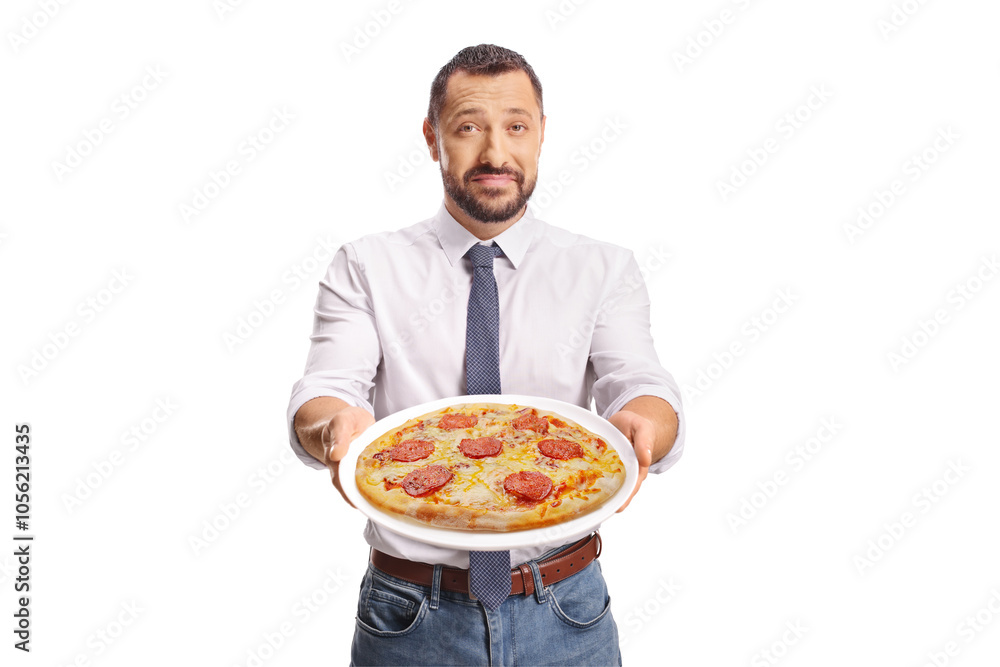 Man holding a homemade pizza Man holding a homemade pizza