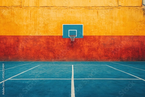 Urban basketball court with vibrant walls and clear hoop under bright sunlight during daytime