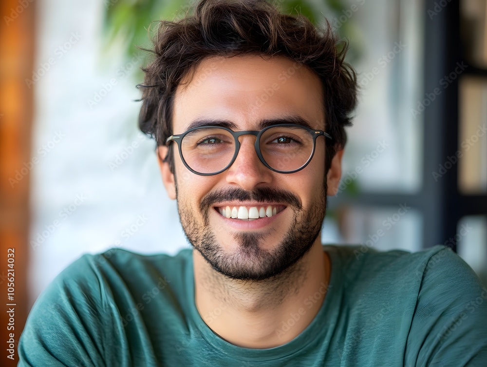 Fototapeta premium A man with glasses and a green shirt smiling