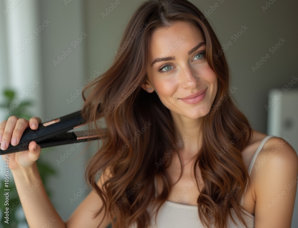 Fototapeta premium Young brunette woman straightening her glowing healthy hair using modern iron hair straightener at home, closeup