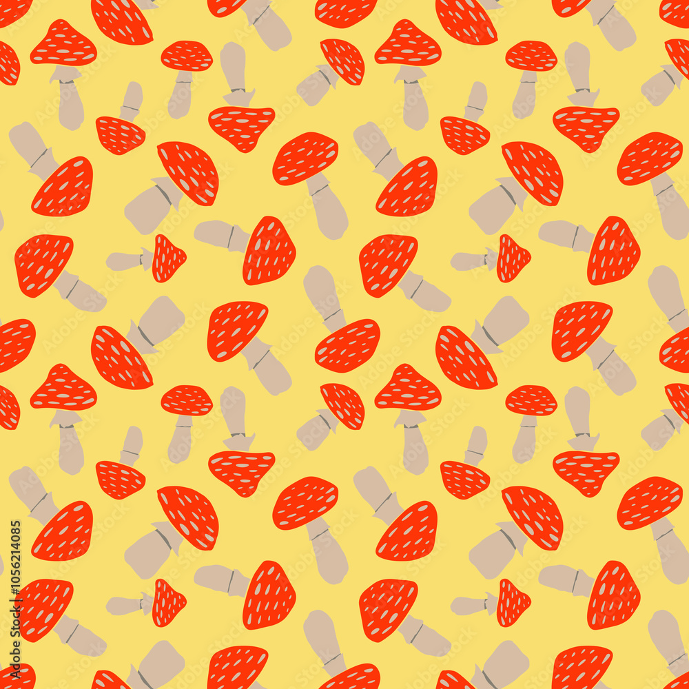Fly agaric seamless pattern. Halloween mushrooms repeat background. Mystic autumn festive endless surface print. Perfect for packaging, wallpaper, fabric, wrapping, stationery, scrapbooking projects. Fly agaric seamless pattern. Halloween mushrooms repeat background. Mystic autumn festive endless surface print. Perfect for packaging, wallpaper, fabric, wrapping, stationery, scrapbooking projects.