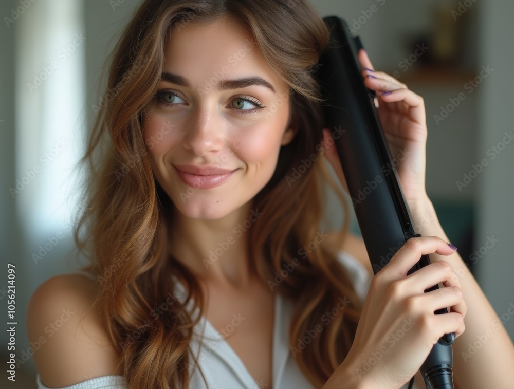 Young brunette woman straightening her glowing healthy hair using modern iron hair straightener at home, closeup Young brunette woman straightening her glowing healthy hair using modern iron hair straightener at home, closeup