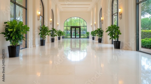 Architecture of a modern corridor featuring arches and soft lighting at dusk in a tranquil setting