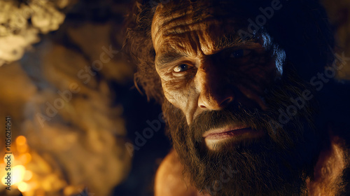 Neanderthal from the Stone Age found in a cave is a type of extinct primate from ancient times, a strong Neandertal with a large head.