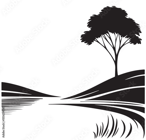 Hand-drawn simple vector drawing in black outline. Fields and tree