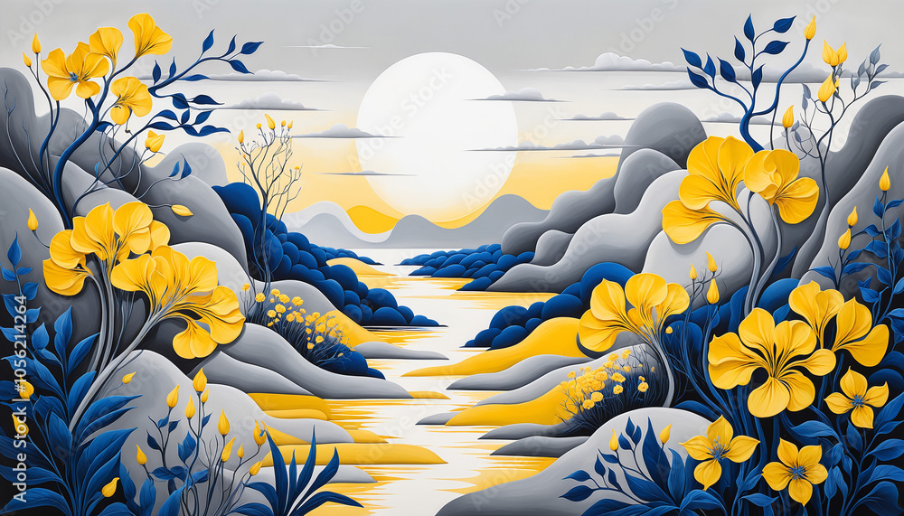 A sunlit path through a field of yellow flowers