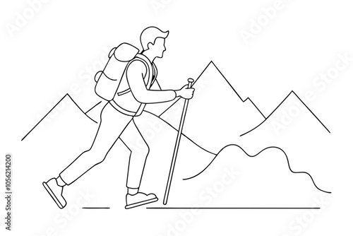 Capture the Journey: Line Drawing of a Mountain Hiker with Gear