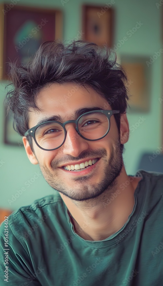 A man with glasses and a green shirt smiling A man with glasses and a green shirt smiling