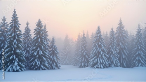 Misty winter landscape with snow-covered trees and a soft sunrise. Generative, AI,