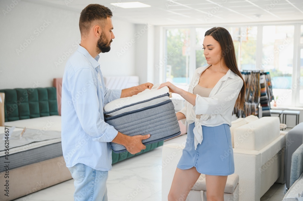 A beautiful young couple chooses a new mattress in a store A beautiful young couple chooses a new mattress in a store