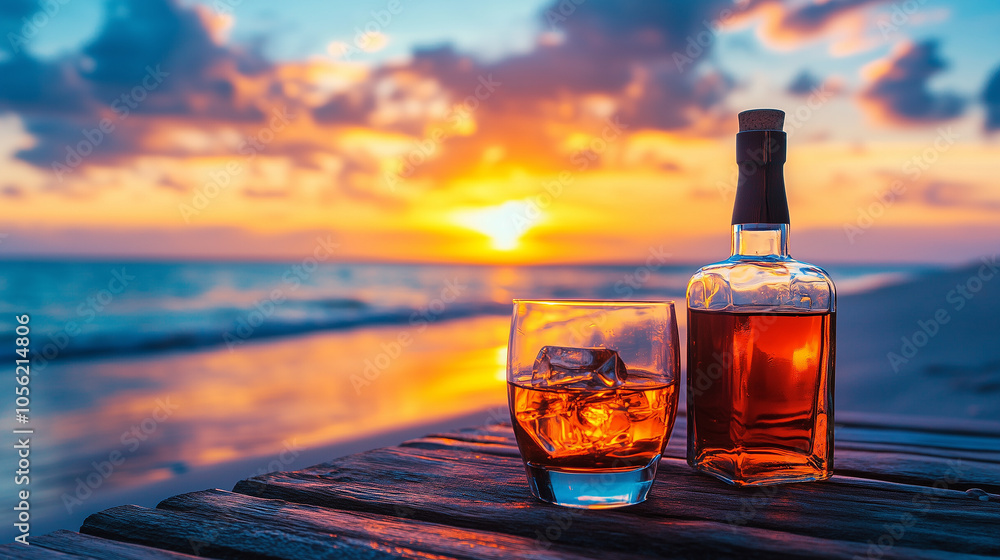 Butelka whisky stoi dumnie obok szklanki, a w tle widać piękną plażę i zachód słońca. Butelka whisky stoi dumnie obok szklanki, a w tle widać piękną plażę i zachód słońca.