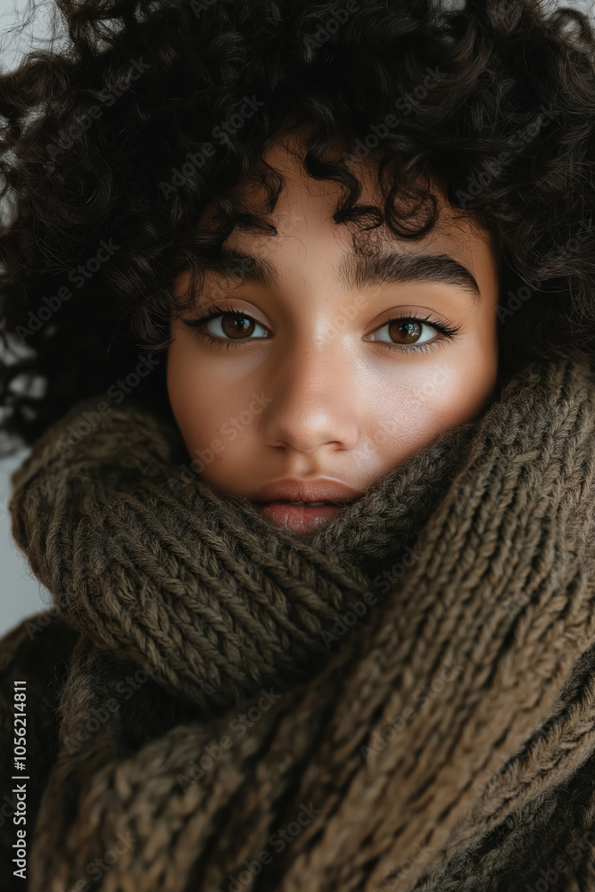young woman dressed in a chunky, forest night-colored scarf, adding a touch of seasonal fashion to the wintery scene young woman dressed in a chunky, forest night-colored scarf, adding a touch of seasonal fashion to the wintery scene