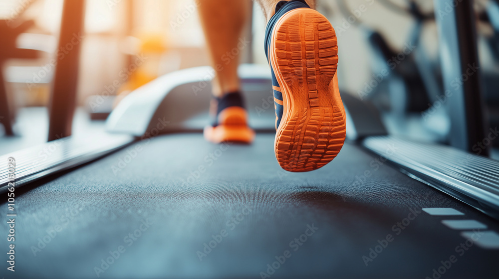 Fototapeta premium Stopy mężczyzny biegającego na bieżni w siłowni są ukazane w zbliżeniu, pokazując każdy dynamiczny ruch.