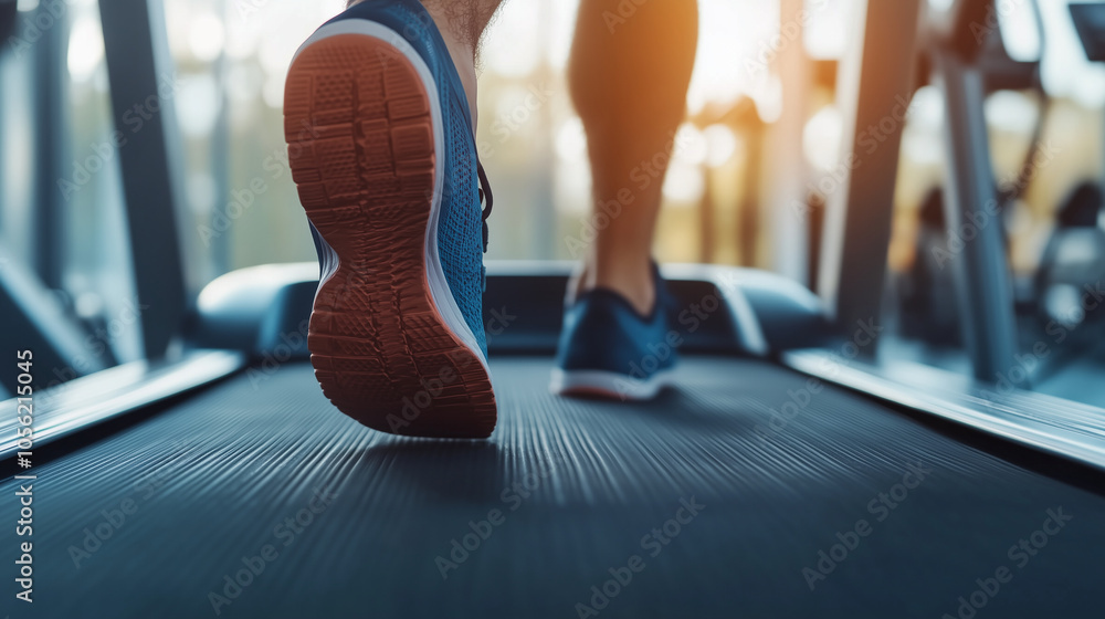 Naklejka premium Stopy mężczyzny biegającego na bieżni w siłowni są ukazane w zbliżeniu, pokazując każdy dynamiczny ruch. 