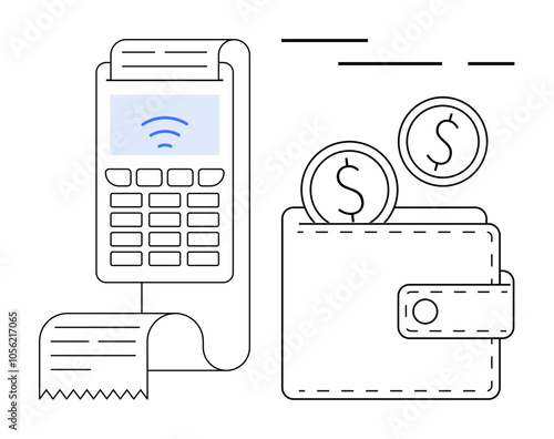 POS terminal with receipt, wallet with coins. Ideal for finance, banking, e-commerce, retail, digital payments, fintech, budgeting concepts. Banner for landing page