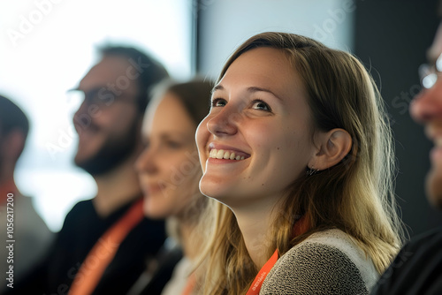 High-quality close-up of engaged participants at a startup event, smiling and actively listening to the speaker-