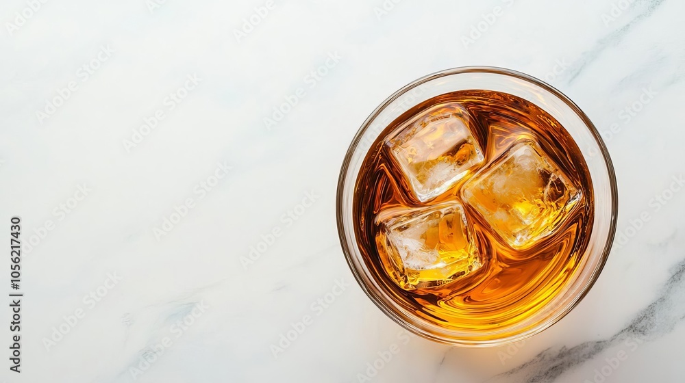 Topdown view of whiskey glass on marble, golden scotch with clear ice cubes, sleek and minimalistic, whiskey glass, scotch, elite experience Topdown view of whiskey glass on marble, golden scotch with clear ice cubes, sleek and minimalistic, whiskey glass, scotch, elite experience