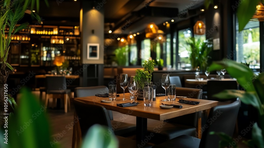 An empty, rustic wooden table is set for a meal in a dimly lit restaurant with large windows and green plants.