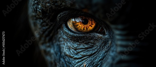 Symmetrical Close-Up of an Elephant’s Eye with Intricate Skin Patterns and Soft Shadows Against a Dark Background, Photorealistic 3D Rendering with Copy Space

 photo