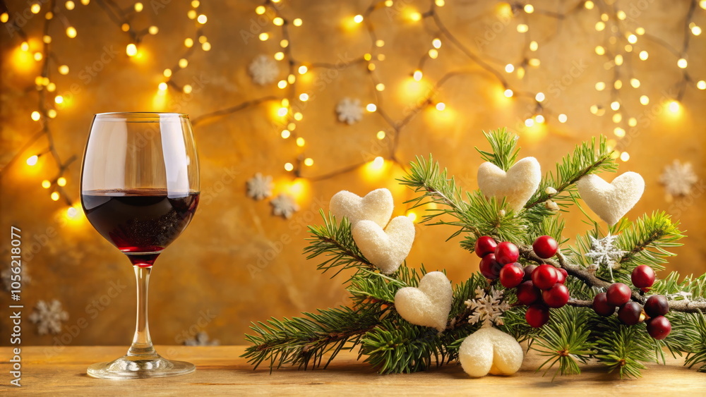 Festive wine and decorations with Christmas lights