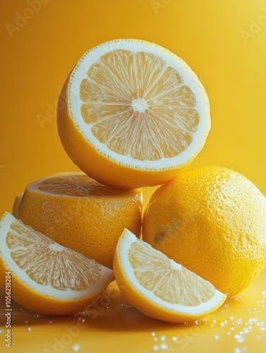 Lemons and two oranges on a yellow background
