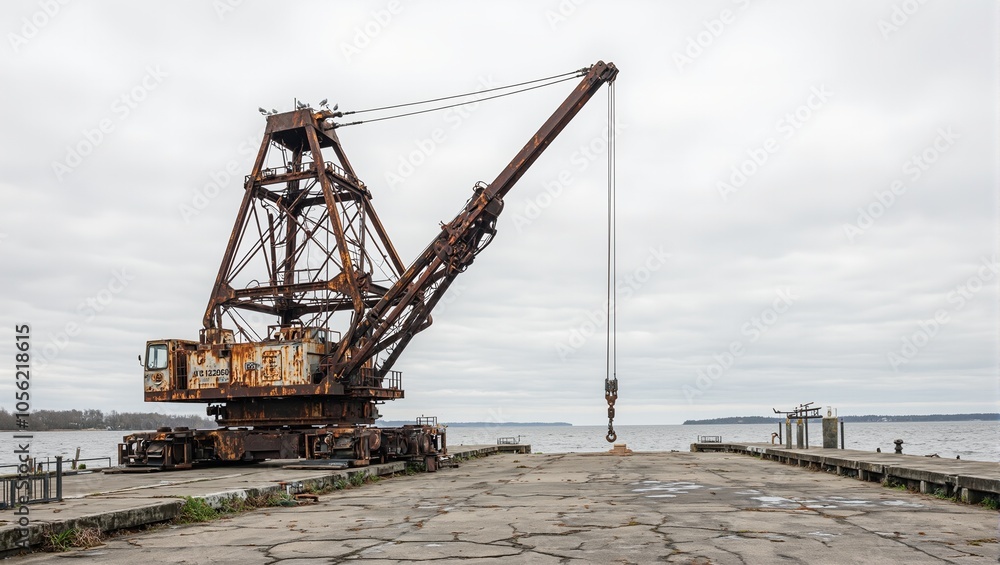 Desolate dock with rusty crane seagulls and cloudy sky Desolate dock with rusty crane seagulls and cloudy sky