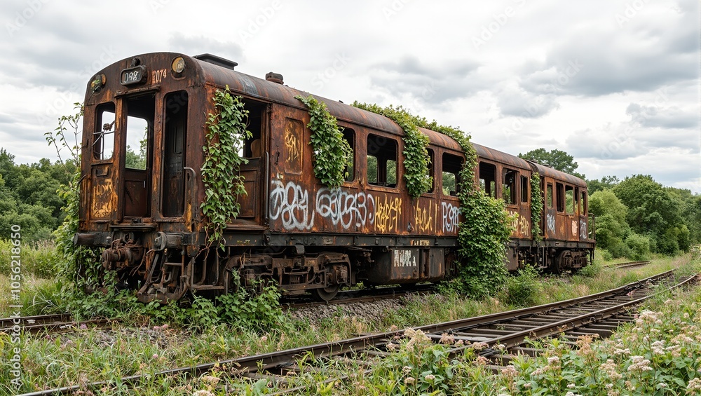 Fototapeta premium Rusty abandoned locomotive covered in graffiti nature reclaiming broken tracks
