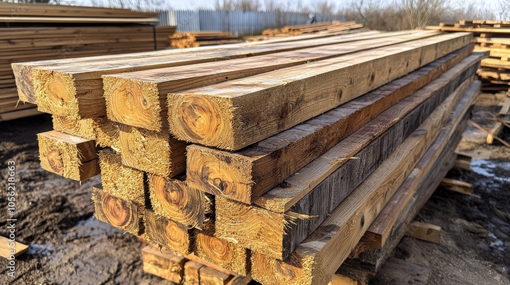 Freshly stacked timber ready for construction at a lumberyard on a sunny day Freshly stacked timber ready for construction at a lumberyard on a sunny day