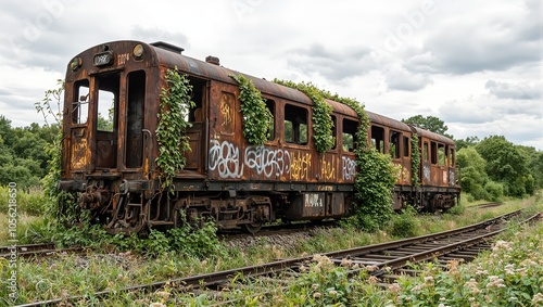 Rusty abandoned locomotive covered in graffiti nature reclaiming broken tracks photo