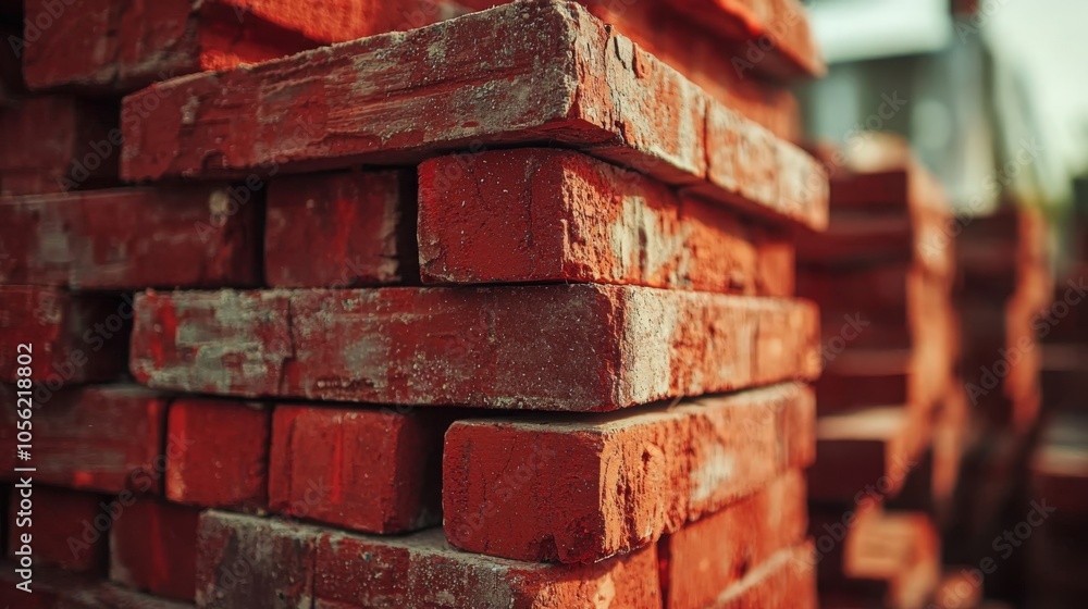 Stacked red bricks in a construction site during early morning light Stacked red bricks in a construction site during early morning light