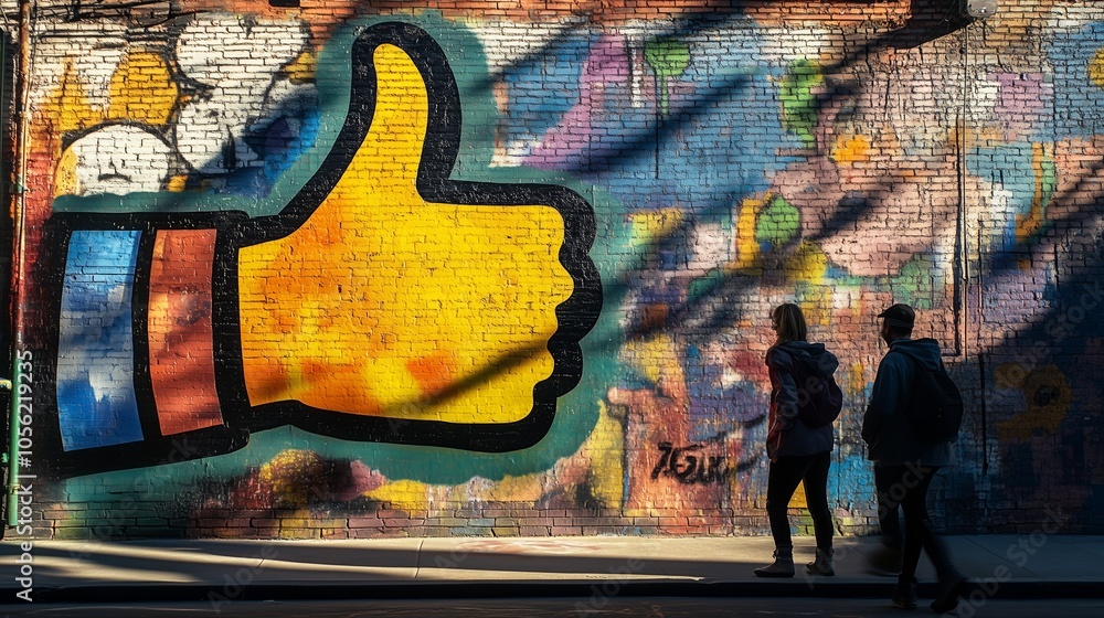 Naklejka premium A colorful thumbs-up mural on a brick wall adds vibrancy to the lively urban atmosphere.