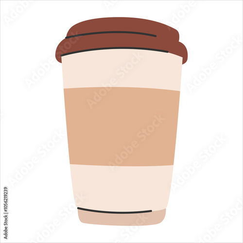Modern disposable mug in doodle style. Coffee paper cup design element vector.Cute fashionable take away mug symbol isolated on white background.Vector illustration EPS10