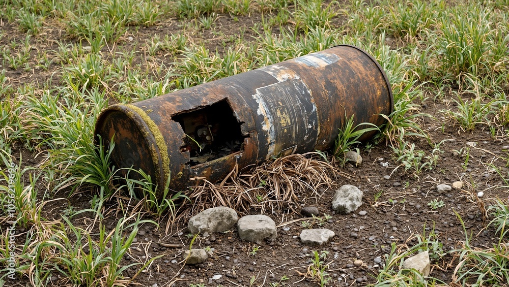 Rusted oil barrel buried in dirt with green moss and wild grass Rusted oil barrel buried in dirt with green moss and wild grass
