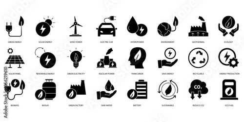 Green energy icons set. Set of editable stroke icons.Set of Green energy