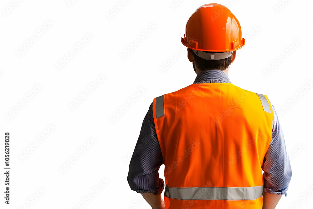 Engineer in an orange safety vest and helmet against a white backdrop. high quality Engineer in an orange safety vest and helmet against a white backdrop. high quality