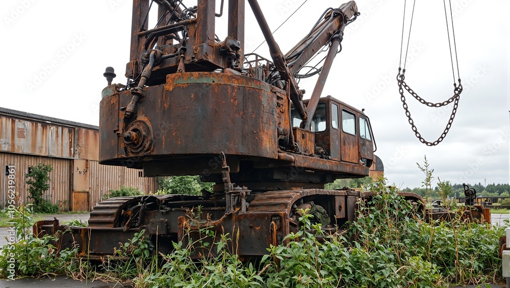 Rusty crane in industrial yard surrounded by weeds chains swaying under overcast sky Rusty crane in industrial yard surrounded by weeds chains swaying under overcast sky