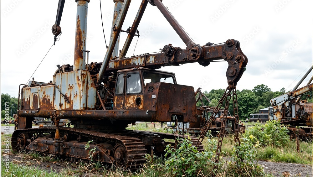 Rusty crane in industrial yard surrounded by weeds chains swaying under overcast sky Rusty crane in industrial yard surrounded by weeds chains swaying under overcast sky