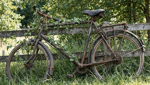 Rusted bicycle overgrown with ivy against a fence in sunlight