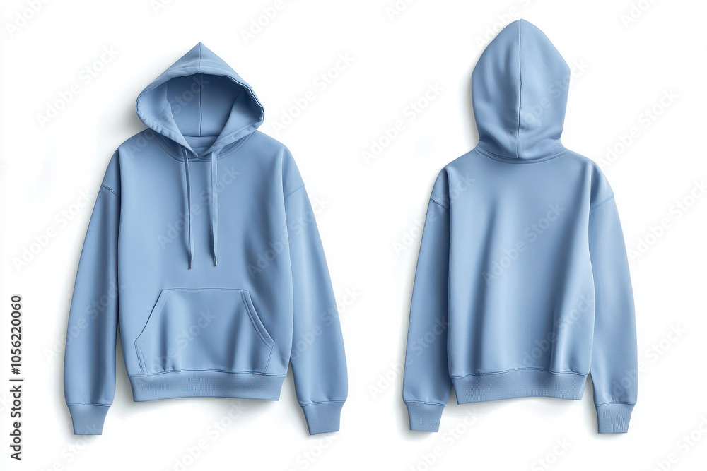 Front and back view of neutral blue hoodie on plain background