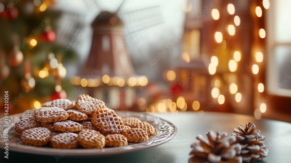 Plate of Traditional Dutch Christmas Cookies with Festive Holiday Decorations