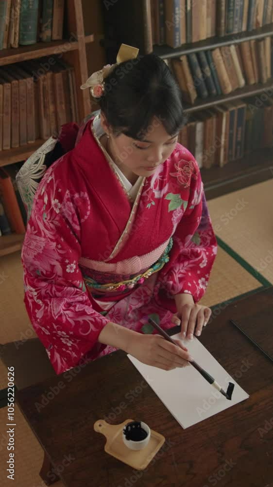 Japanese woman, paper and calligraphy tools in painting studio for creative art, script or craft for illustration. Sumi, document and antique stationary for culture drawing, creation or artist sketch Japanese woman, paper and calligraphy tools in painting studio for creative art, script or craft for illustration. Sumi, document and antique stationary for culture drawing, creation or artist sketch
