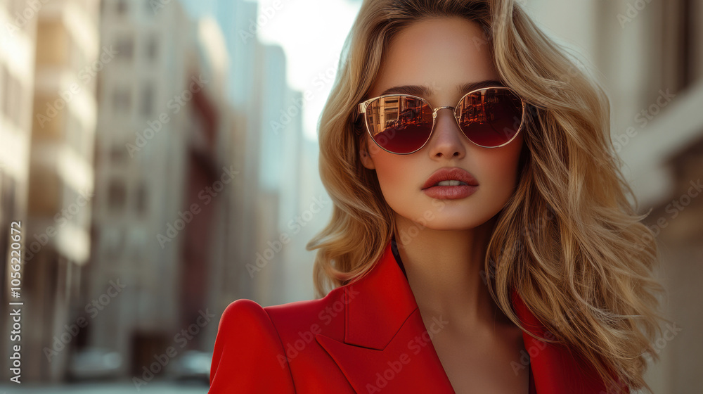 Blonde woman in red blazer, wearing sunglasses, standing confidently in urban city setting, street fashion, sunny day, chic look, powerful and stylish, modern vibe