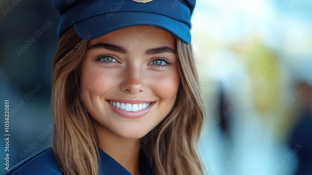 Smiling young woman in navy blue uniform and hat, close-up portrait, friendly expression, professional and confident, outdoor setting, radiant personality, casual workwear, positive energy, vibrant Smiling young woman in navy blue uniform and hat, close-up portrait, friendly expression, professional and confident, outdoor setting, radiant personality, casual workwear, positive energy, vibrant