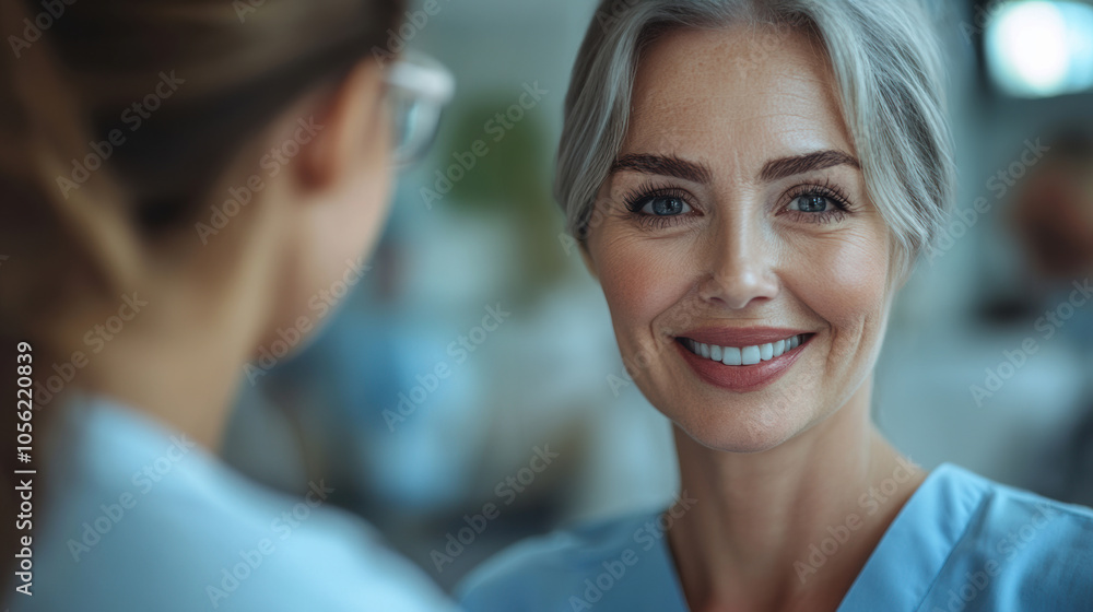 Smiling mature nurse with gray hair and wrinkles, close-up portrait, professional in medical setting, confident healthcare worker, compassionate expression, bright hospital environment, experience Smiling mature nurse with gray hair and wrinkles, close-up portrait, professional in medical setting, confident healthcare worker, compassionate expression, bright hospital environment, experience