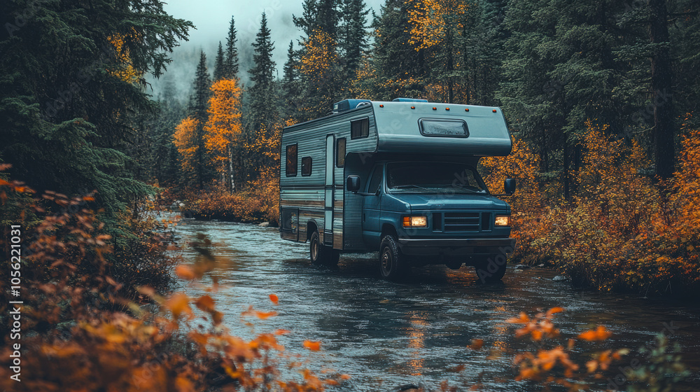 Camper van crossing river in autumn forest, scenic road trip through wilderness, colorful fall foliage, adventure in nature, RV traveling on remote forest road, outdoor exploration, orange leaves Camper van crossing river in autumn forest, scenic road trip through wilderness, colorful fall foliage, adventure in nature, RV traveling on remote forest road, outdoor exploration, orange leaves