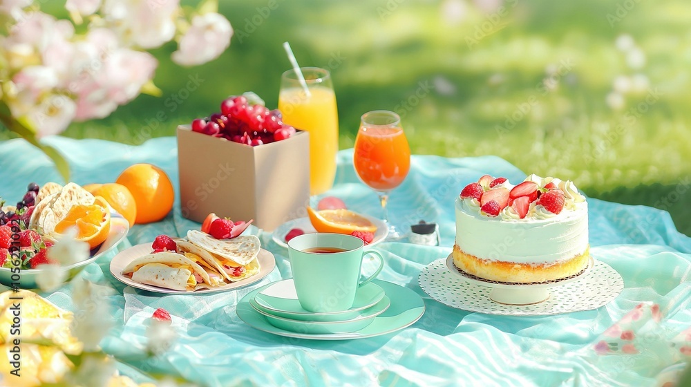 A cake, coffee, and fruit are displayed on a blue tablecloth A cake, coffee, and fruit are displayed on a blue tablecloth