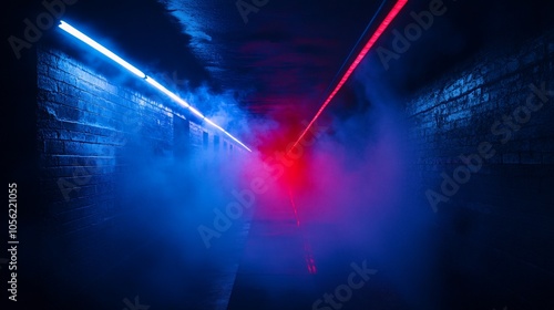 A dark, smoky tunnel illuminated by red and blue neon lights.