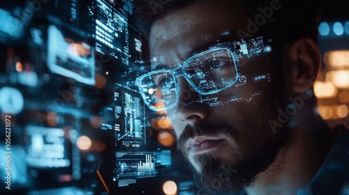 Close-up of a man with digital interface reflected in his glasses